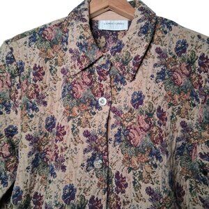 Vintage 1990s Lemon Grass Tapestry Jacket Women M Rose Floral Button Up